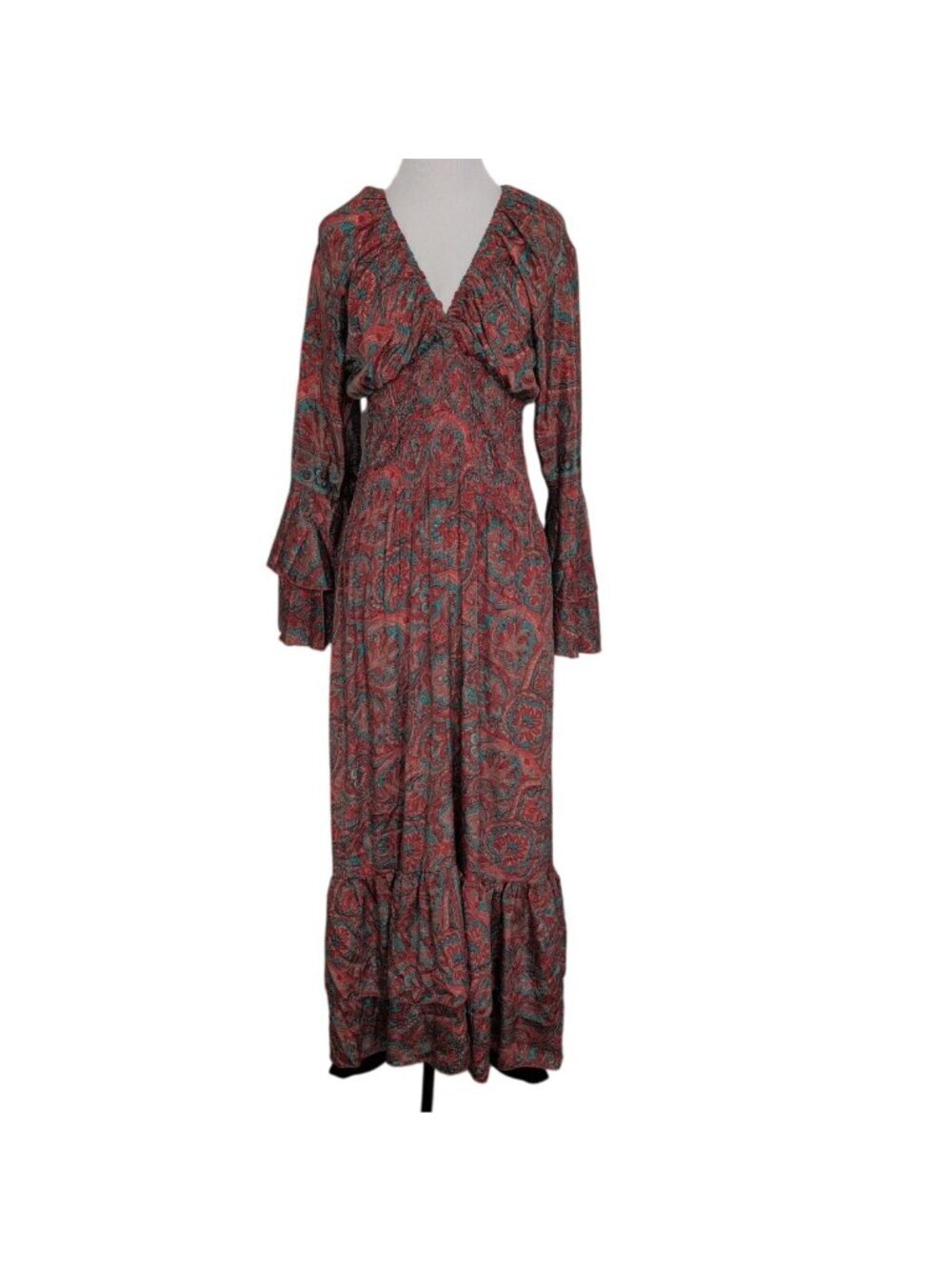 Earthbound Trading Paisley Maxi Dress Womens Size Large Red Sari Ruffle Boho